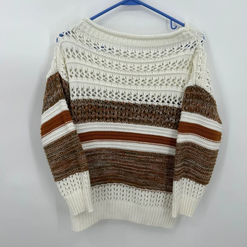 Womens Striped Open‎ Knit Sweater Boho Rust Brown White Size S Small 0502
